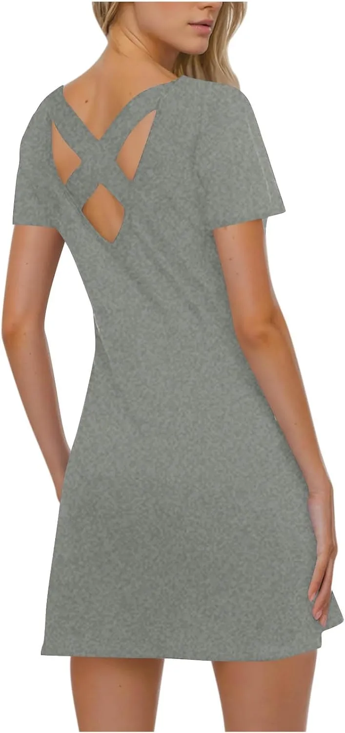 2025 Women Casual Striped Criss Cross Short Sleeve T Shirt Dress Summer Elegant Solid Mini Dresses Vacation Sundress