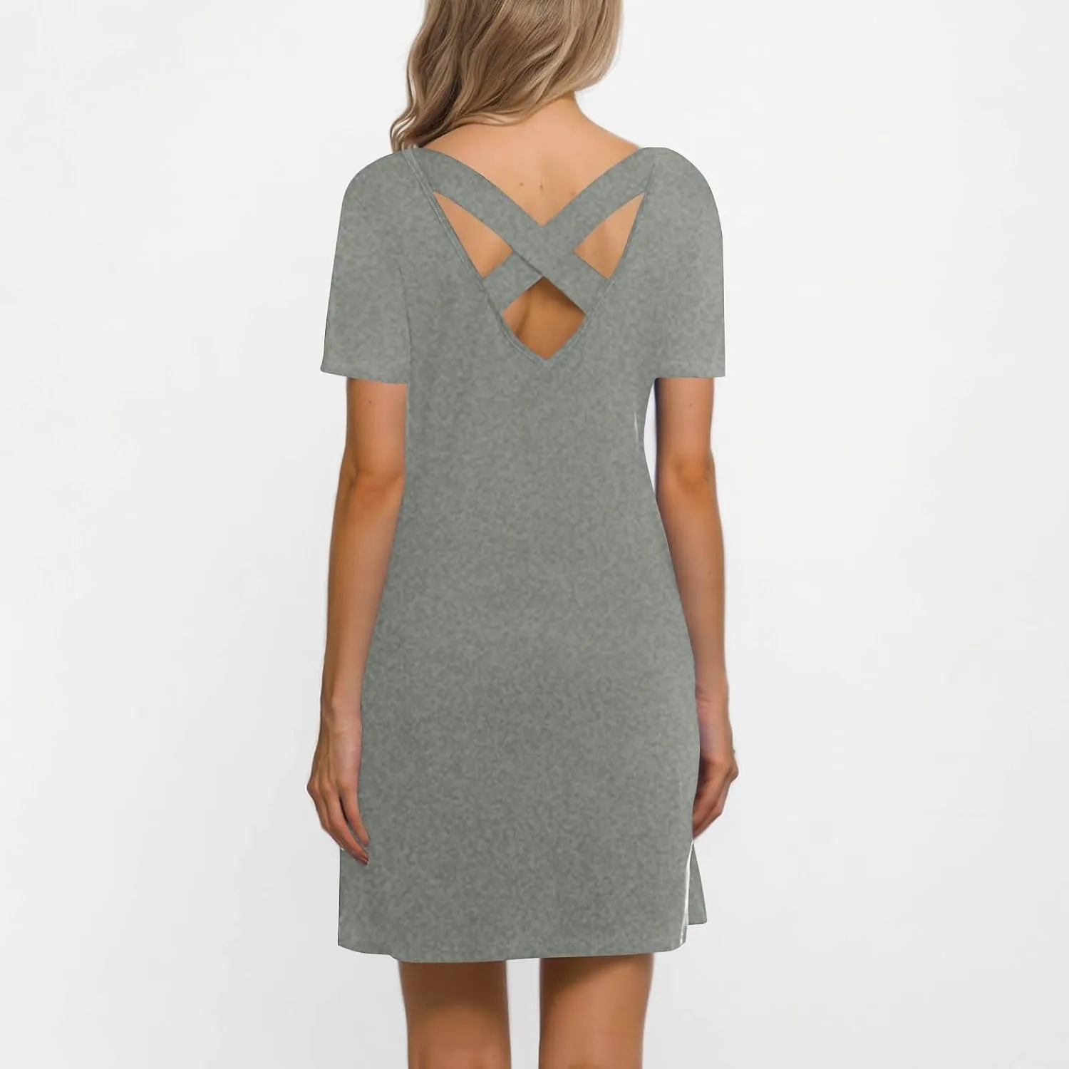 2025 Women Casual Striped Criss Cross Short Sleeve T Shirt Dress Summer Elegant Solid Mini Dresses Vacation Sundress