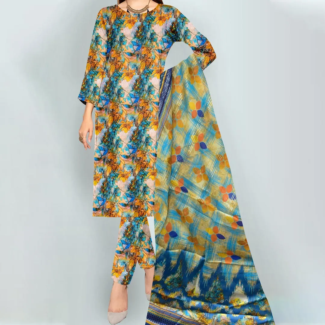 3PC- Unstitched Digital Printed Linen Suit PW9456
