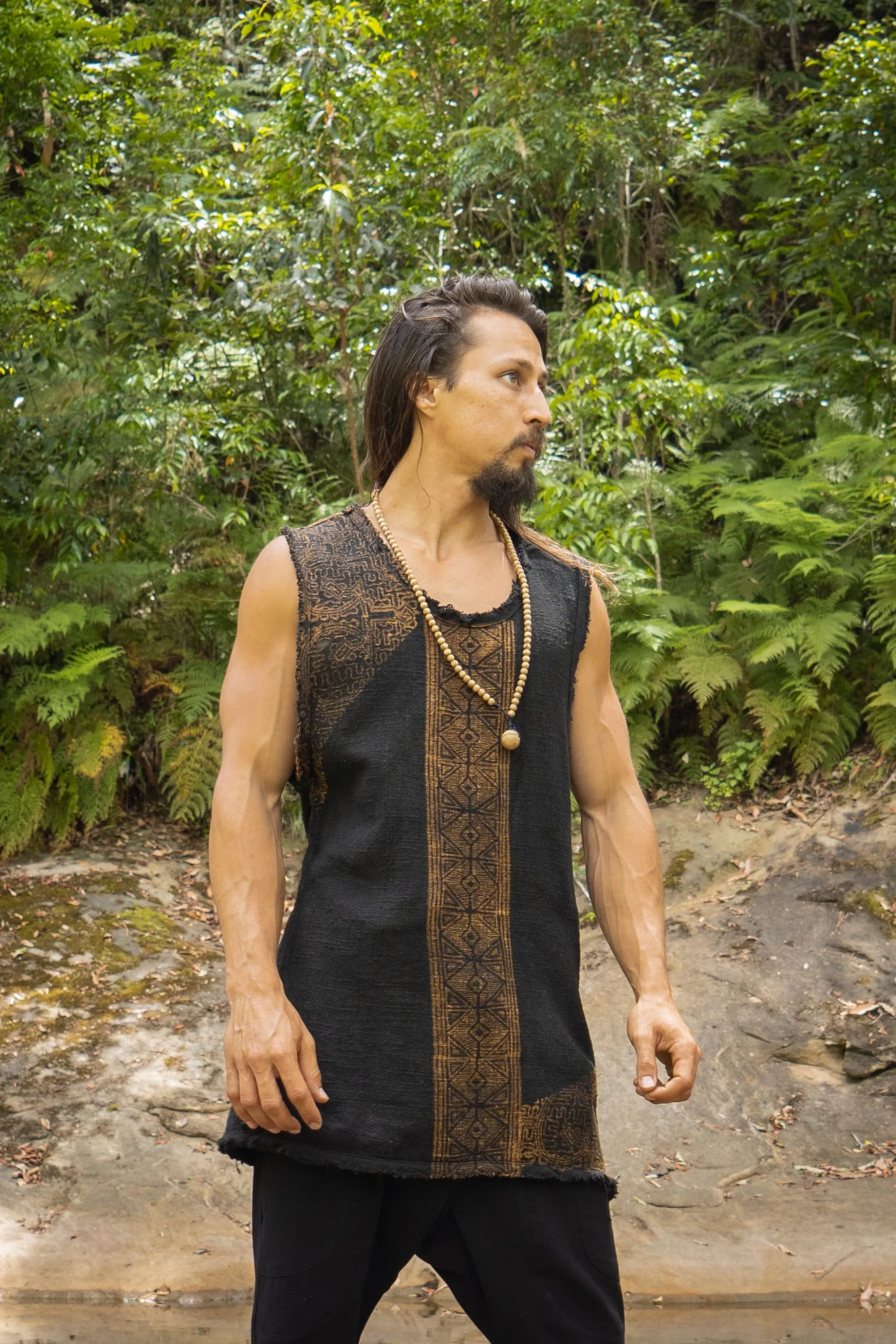 AKAU Tank Top Black Sleeveless Shirt Shipibo Block Printed Handmade Natural Muscle Cotton Shamanic Tribal Festival Ceremony Ritual AJJAYA