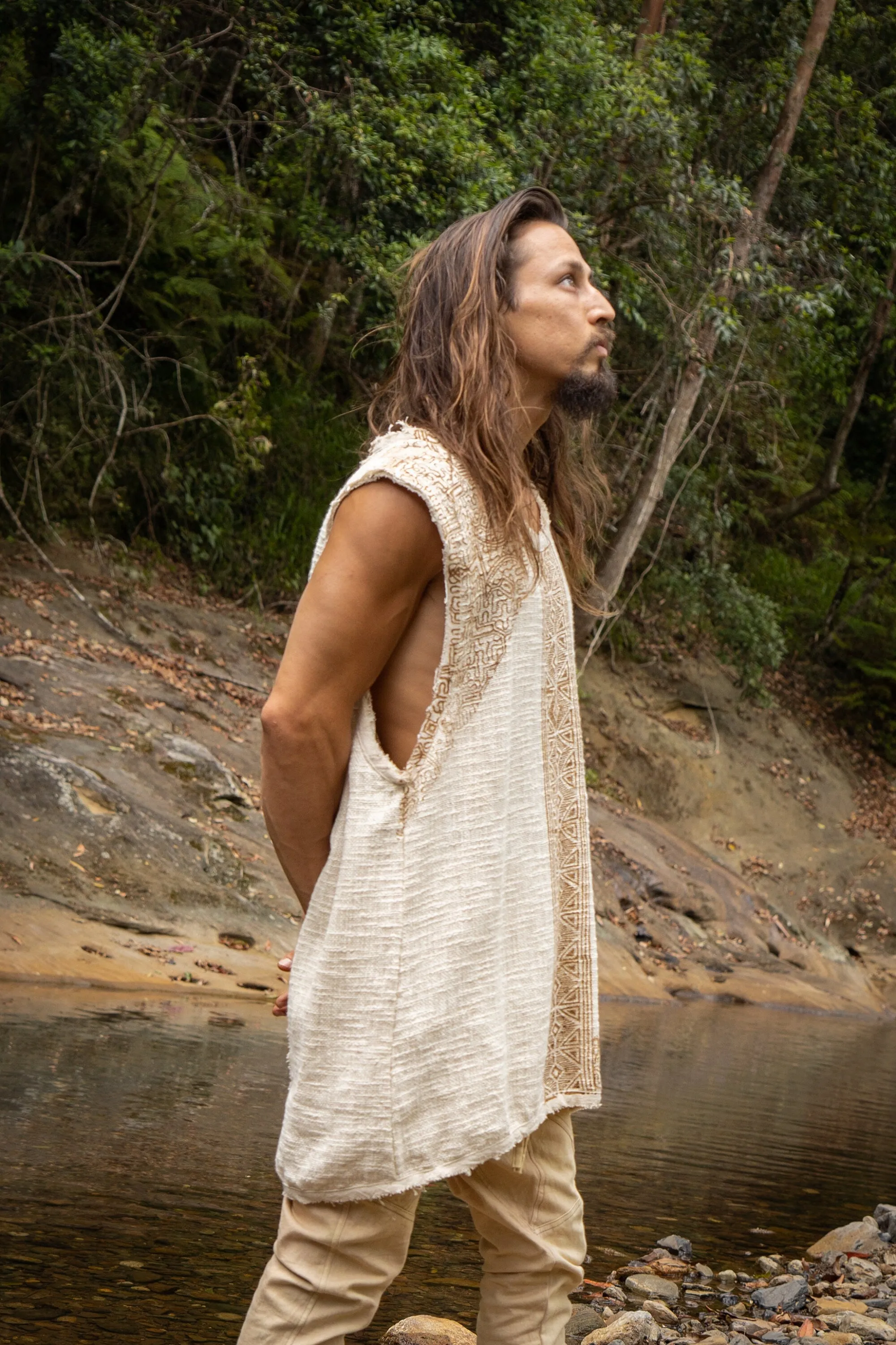 AKAU Tank Top Black Sleeveless Shirt Shipibo Block Printed Handmade Natural Muscle Cotton Shamanic Tribal Festival Ceremony Ritual AJJAYA