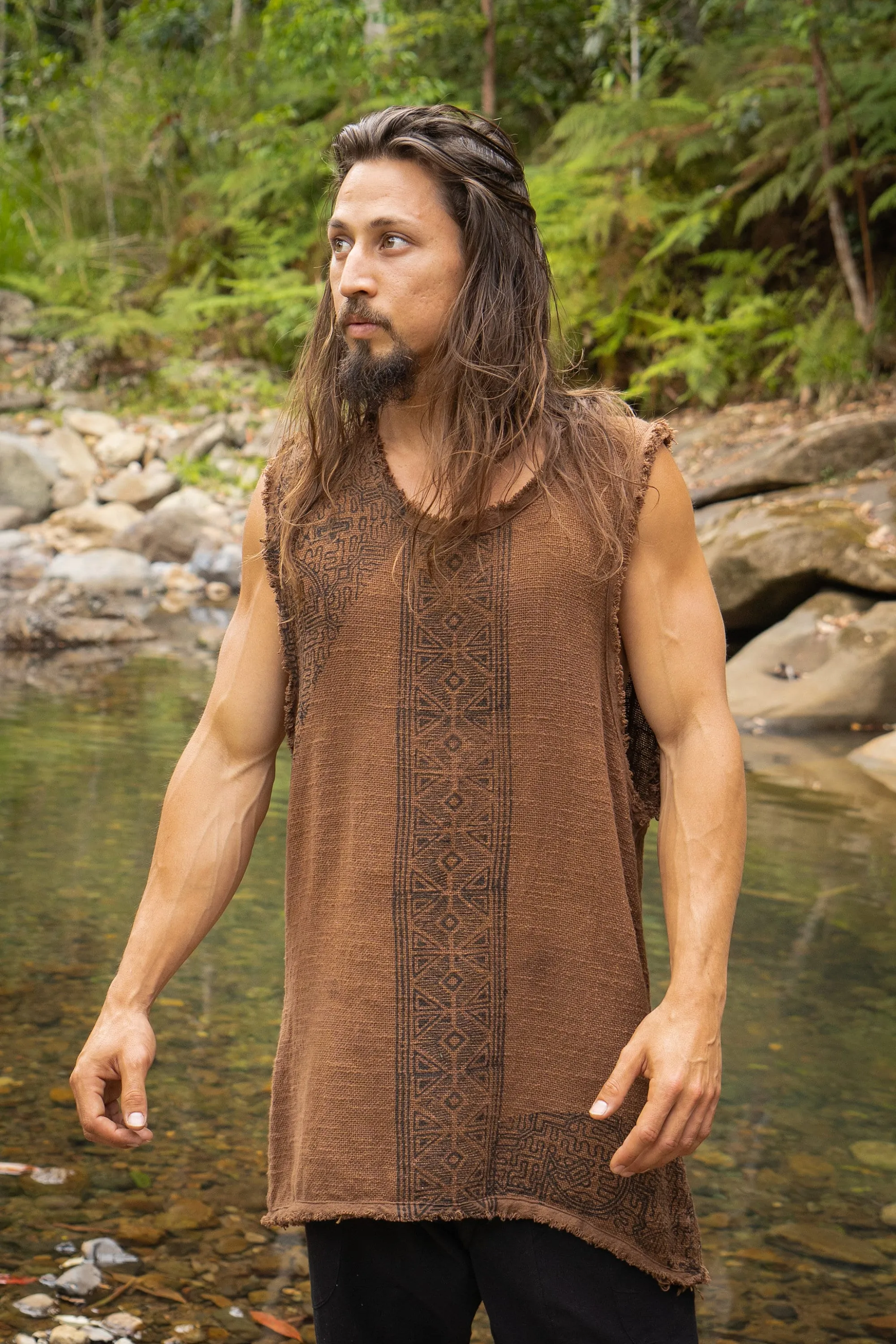 AKAU Tank Top Black Sleeveless Shirt Shipibo Block Printed Handmade Natural Muscle Cotton Shamanic Tribal Festival Ceremony Ritual AJJAYA