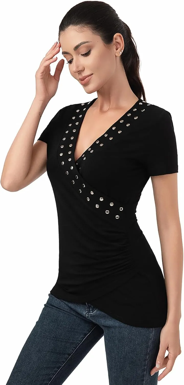 AmlieBoutik Women Deep V Neck Cross Wrap Top Slim Fitted Stud Trim Short Sleeve Blouse Top