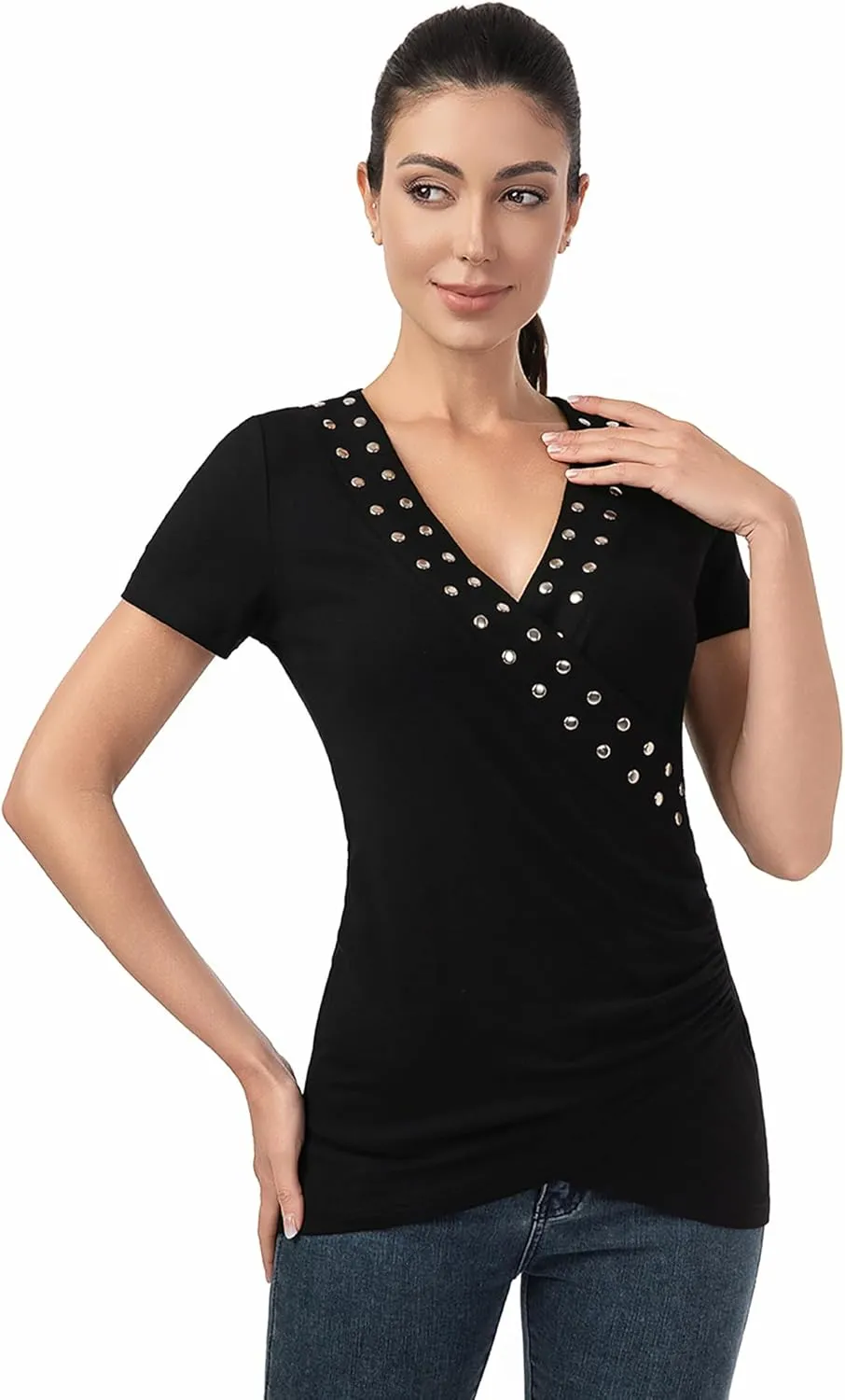 AmlieBoutik Women Deep V Neck Cross Wrap Top Slim Fitted Stud Trim Short Sleeve Blouse Top