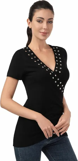 AmlieBoutik Women Deep V Neck Cross Wrap Top Slim Fitted Stud Trim Short Sleeve Blouse Top