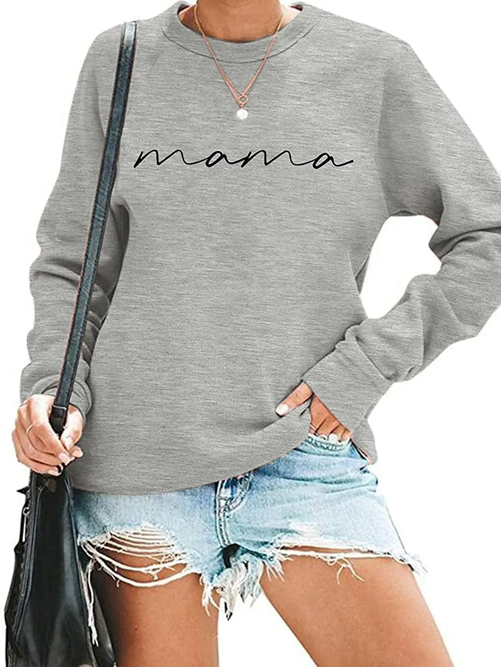 ASTANFY Womens Crewneck Sweatshirt Mama Letter Print Long Sleeve Loose Fashion Pullover Top