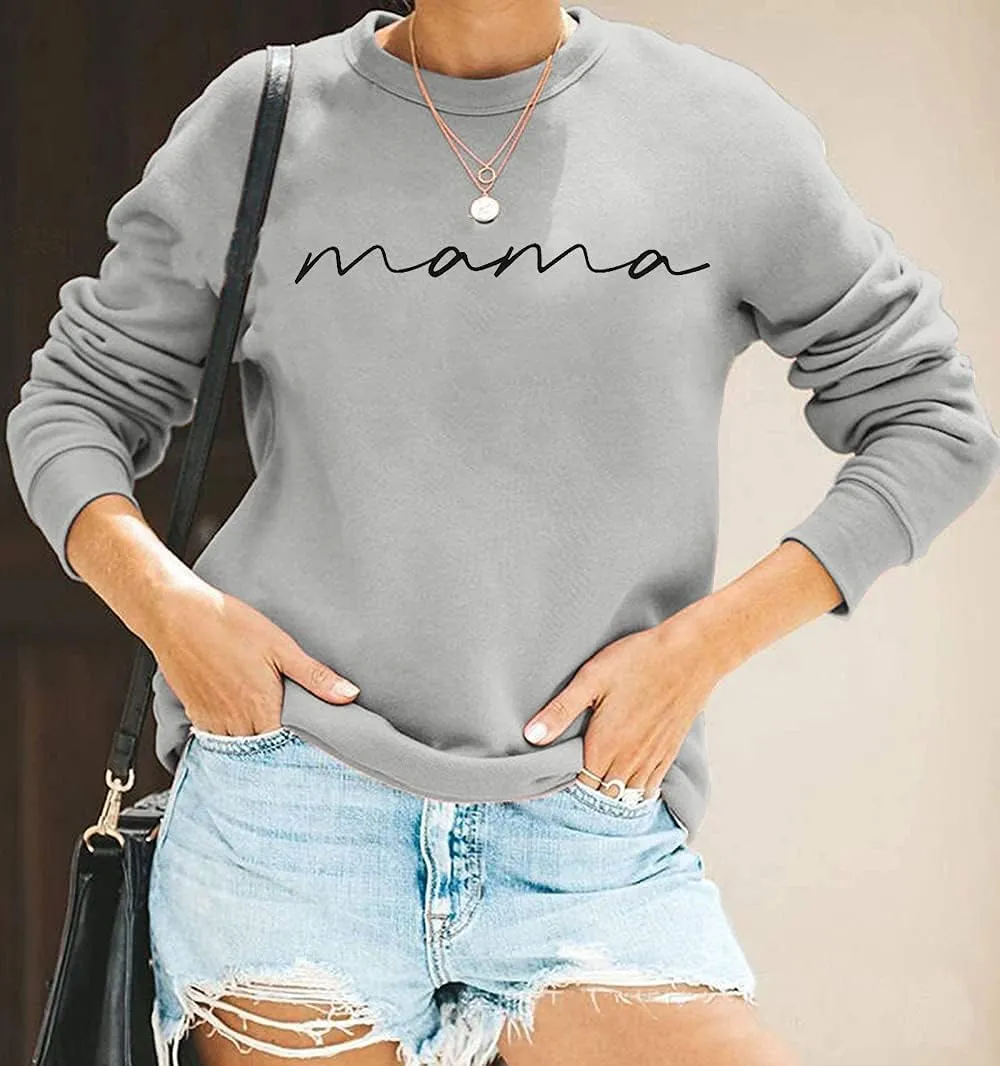 ASTANFY Womens Crewneck Sweatshirt Mama Letter Print Long Sleeve Loose Fashion Pullover Top