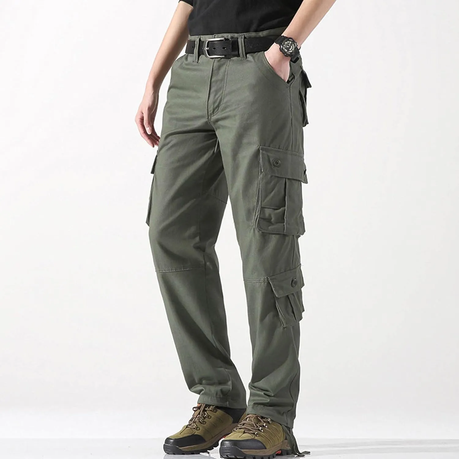 Black Cargo Joggers Men Drawstring Hip Hop Sweatpants Zippered Flap Pockets   Tapered Leg Casual Loose Fit Solid