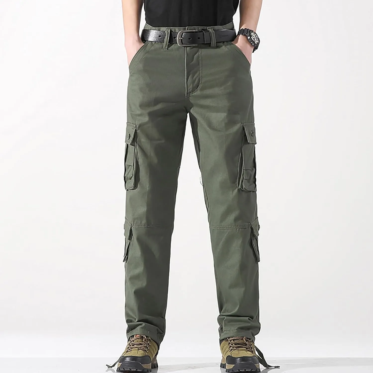 Black Cargo Joggers Men Drawstring Hip Hop Sweatpants Zippered Flap Pockets   Tapered Leg Casual Loose Fit Solid