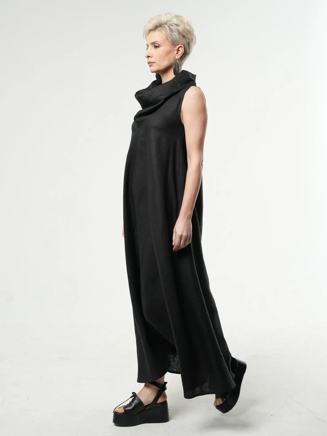 Black Linen Maxi Dress With Large Collar