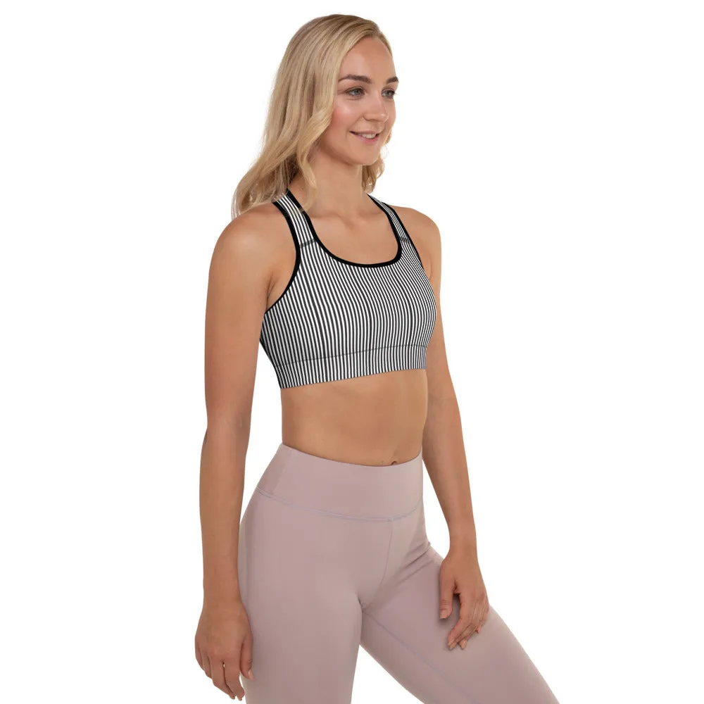 Black White Striped Sports  Bra, Vertically Striped Padded Sports Bra For Ladies-Made in USA/EU/MX