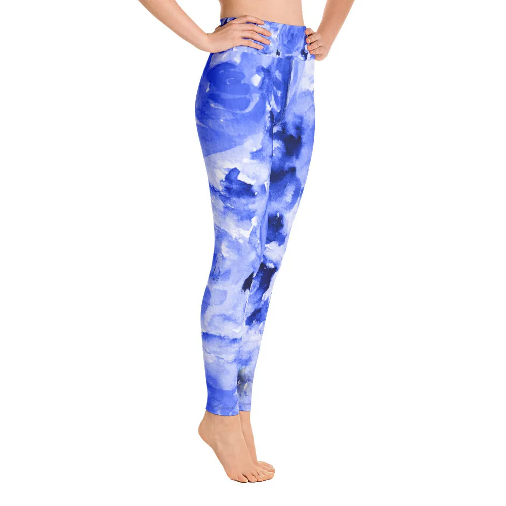 Blue Floral Women's Leggings, Abstract Rose Print Long Gym Yoga Pants-Made in USA/EU