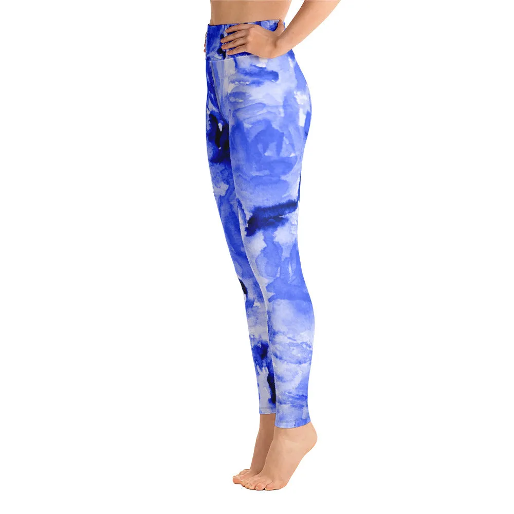 Blue Floral Women's Leggings, Abstract Rose Print Long Gym Yoga Pants-Made in USA/EU