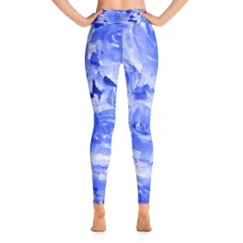 Blue Floral Women's Leggings, Abstract Rose Print Long Gym Yoga Pants-Made in USA/EU