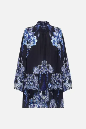 Camilla Tiered Dress With Cutwork Lace Collar - Delft Dynasty