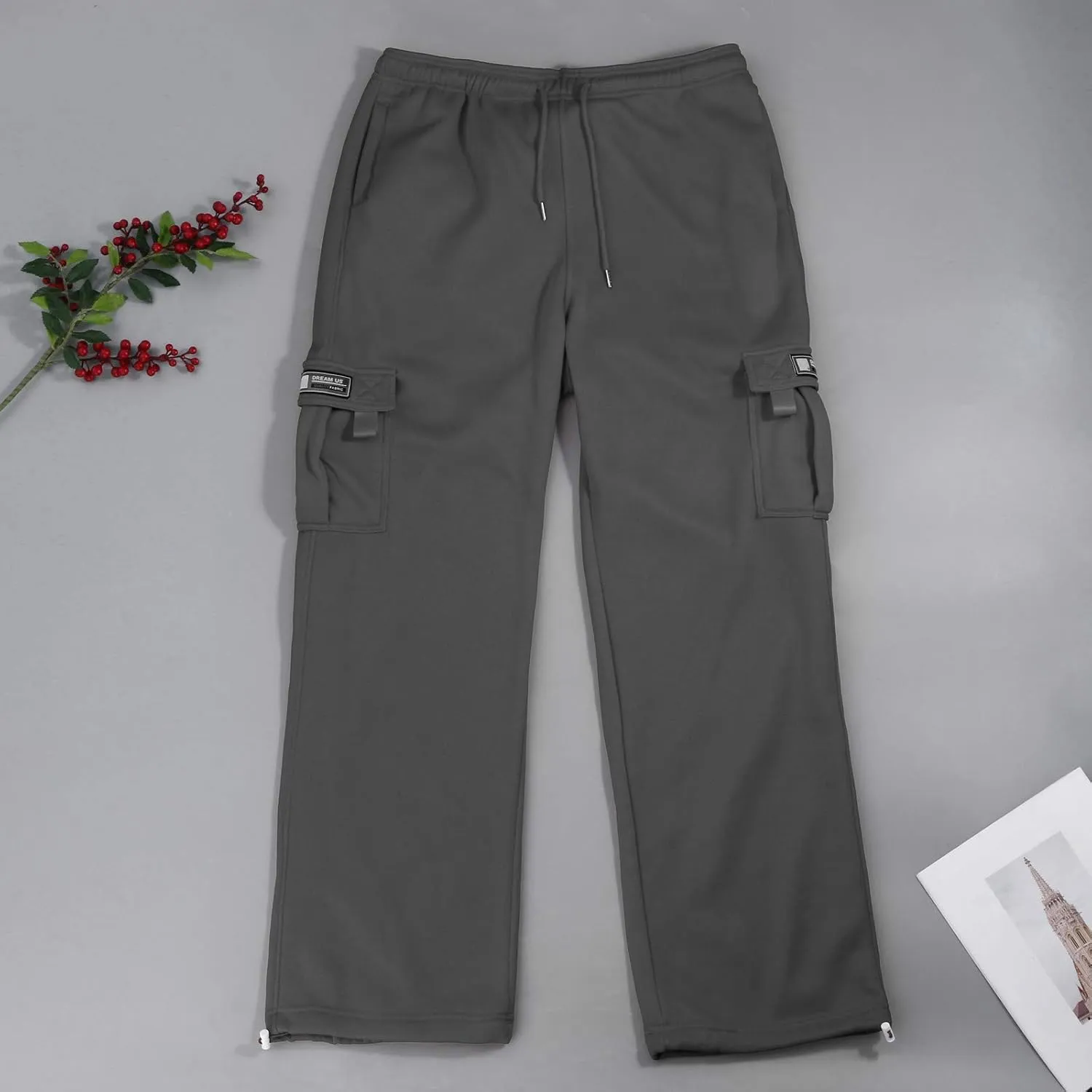 Cargo Sweatpants for Men Fleece Plus Size Hiking Joggers with Pockets Casual Open Bottom Baggy Athletic Pants