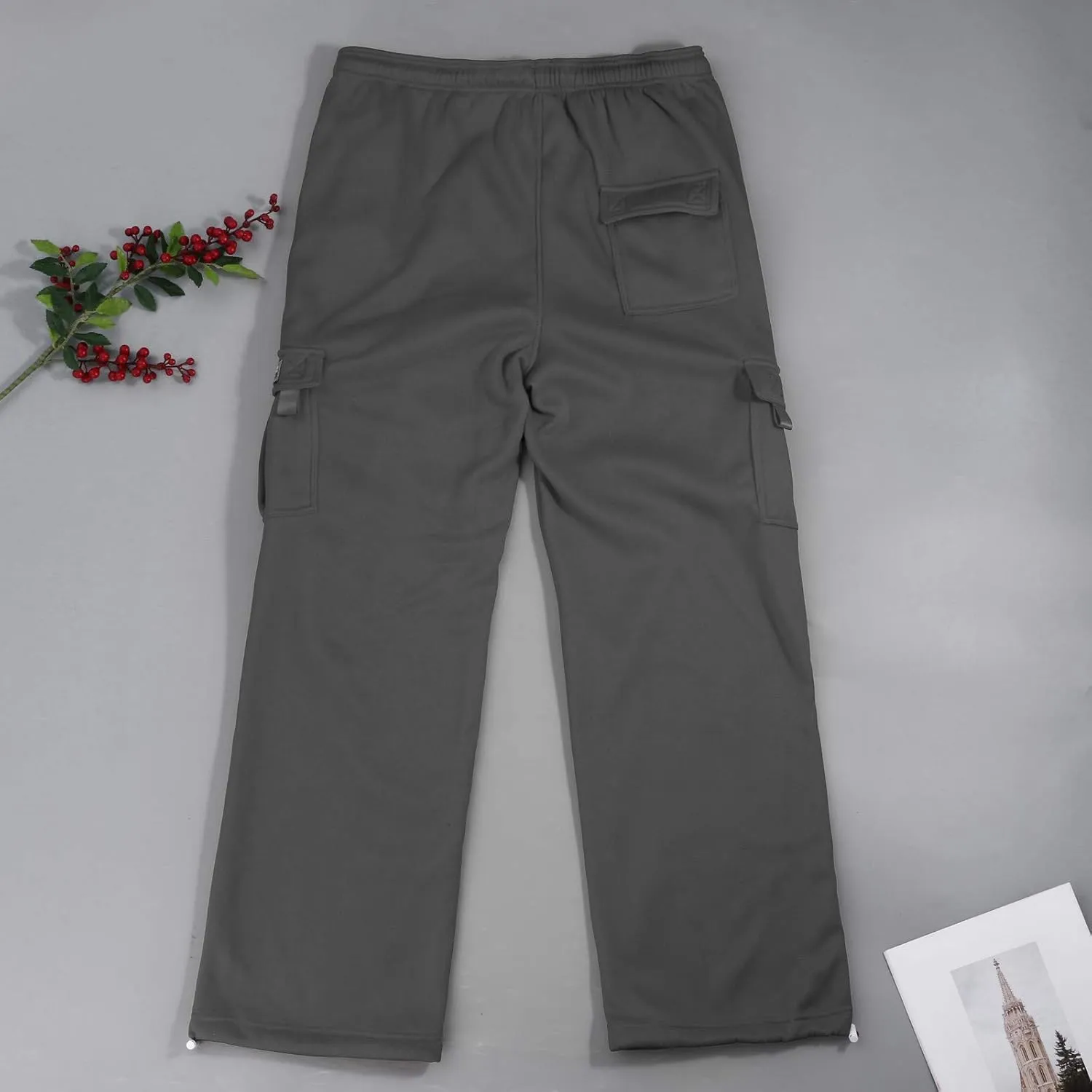 Cargo Sweatpants for Men Fleece Plus Size Hiking Joggers with Pockets Casual Open Bottom Baggy Athletic Pants