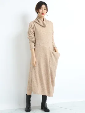 Casual Loose Cream Heaps Collar Pockets Long Sleeve Knit Dress AN1074