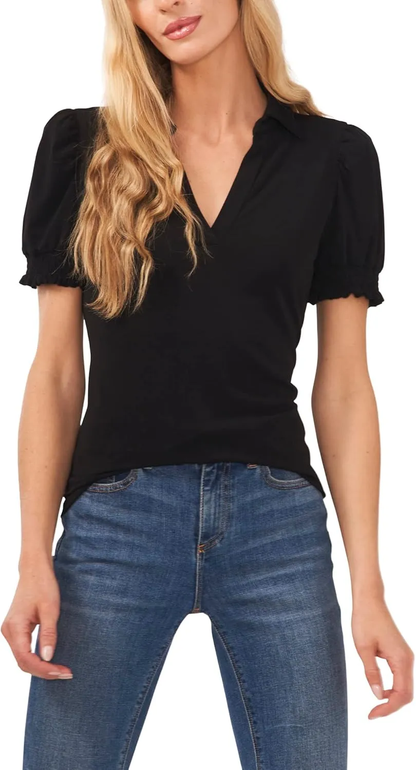 CeCe Women's Short Sleeve Split-Neck Collared Top
