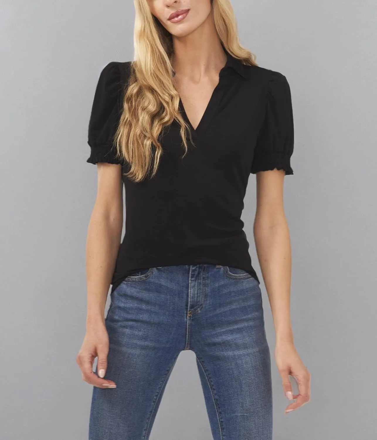 CeCe Women's Short Sleeve Split-Neck Collared Top