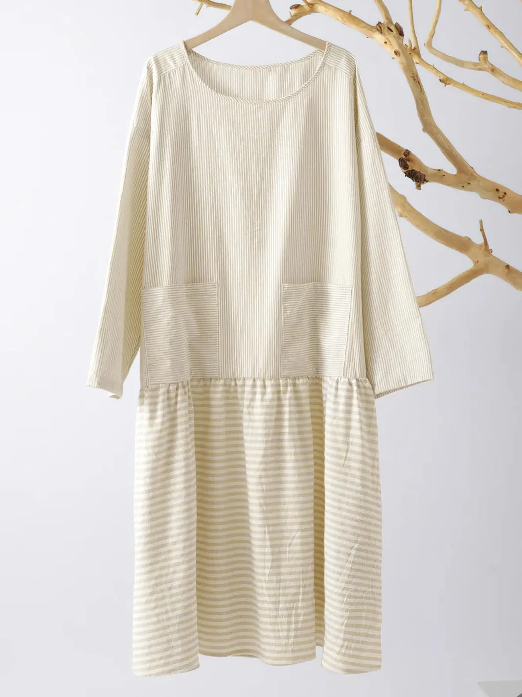 chouyatou Women's Loose Fit Cotton Dress Oversized Striped Printed Long Sleeve Tunic T-Shirt Dress