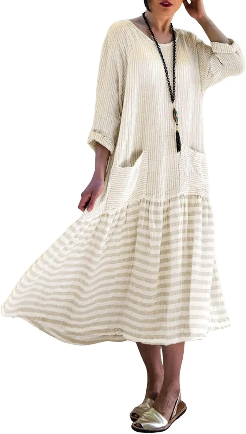 chouyatou Women's Loose Fit Cotton Dress Oversized Striped Printed Long Sleeve Tunic T-Shirt Dress