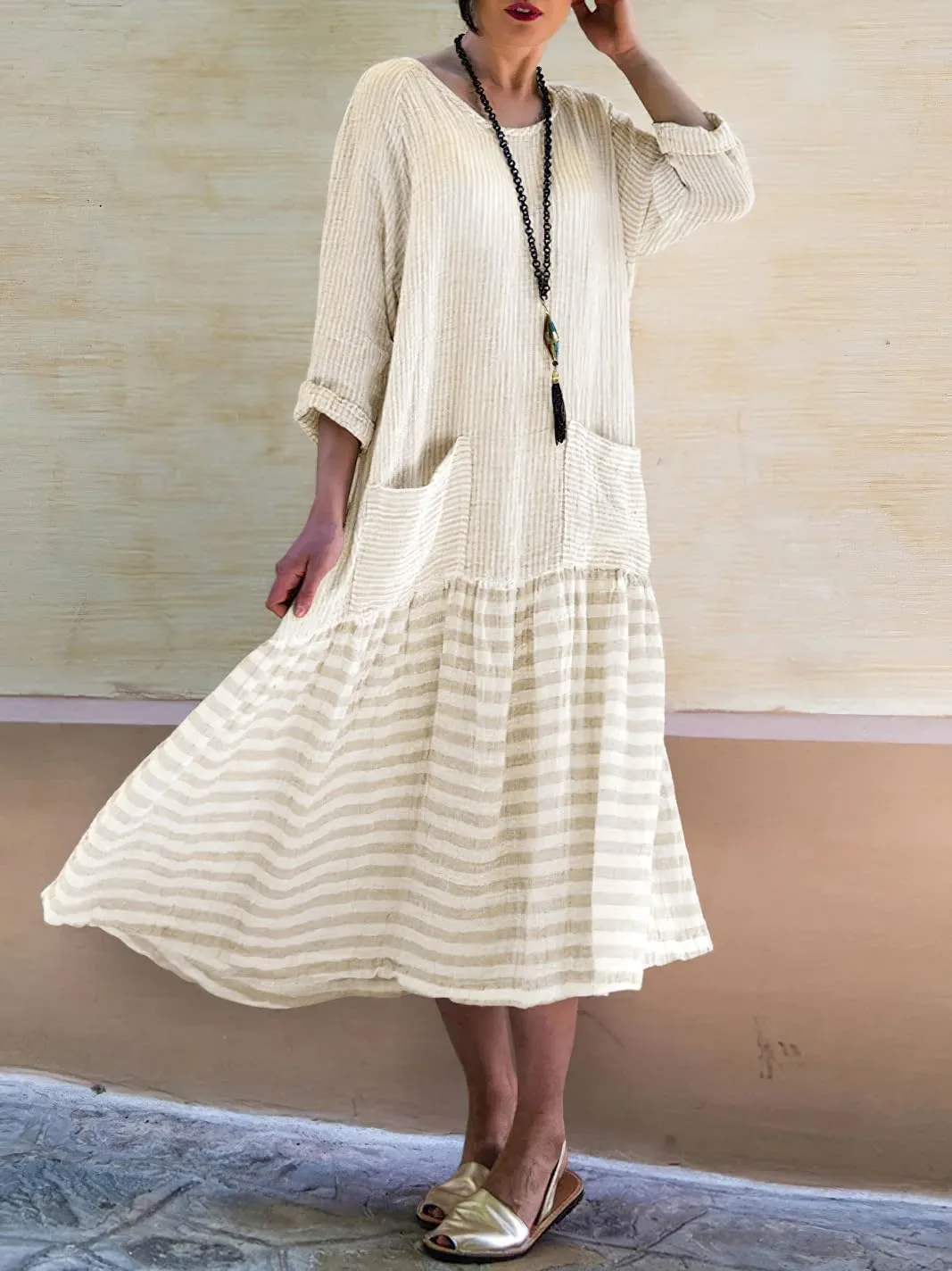 chouyatou Women's Loose Fit Cotton Dress Oversized Striped Printed Long Sleeve Tunic T-Shirt Dress