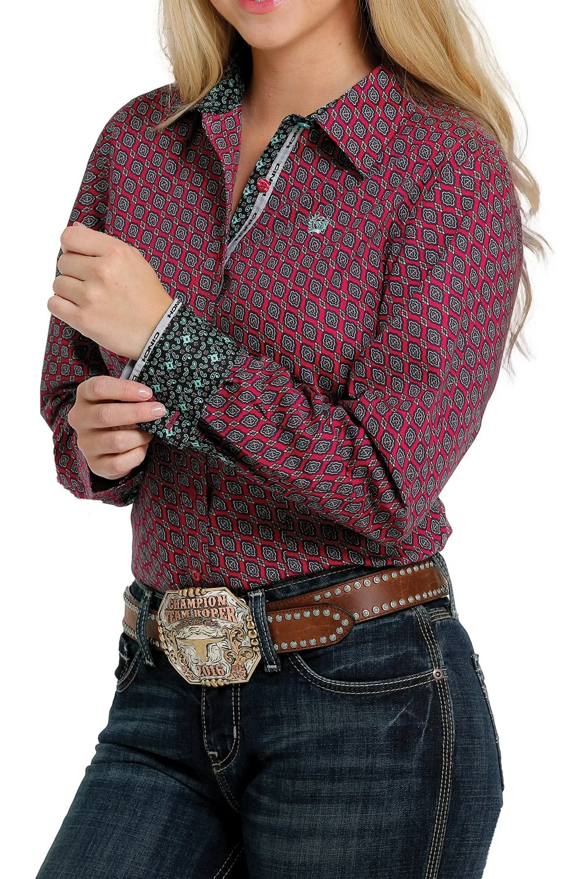 Cinch Ladies Button Down L/S Shirt - Pink/Black/White MSW9165015