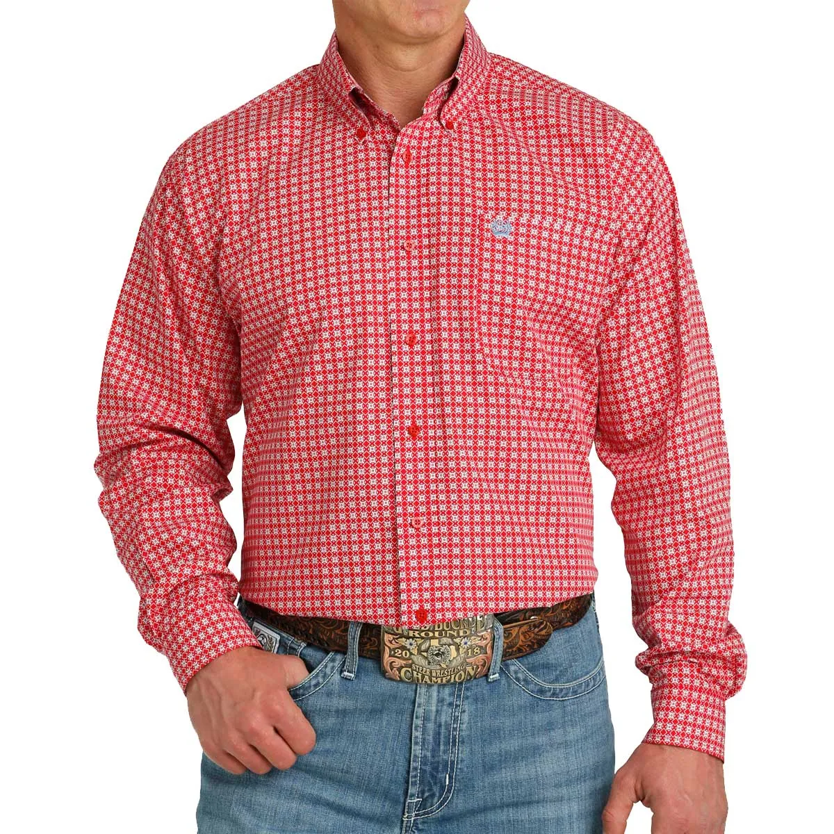 Cinch Mens Geometric Print L/S  Button Down Western Shirt - Red - MTW1105768