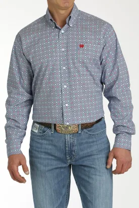 Cinch Mens Medallion Print L/S  Button Down Western Shirt - Blue/White - MTW1105765