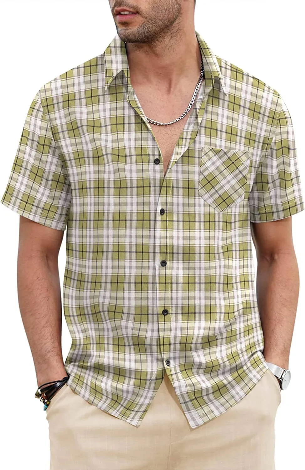 Classic Short Sleeve Plaid Cotton Shirts with Pocket (US Only)