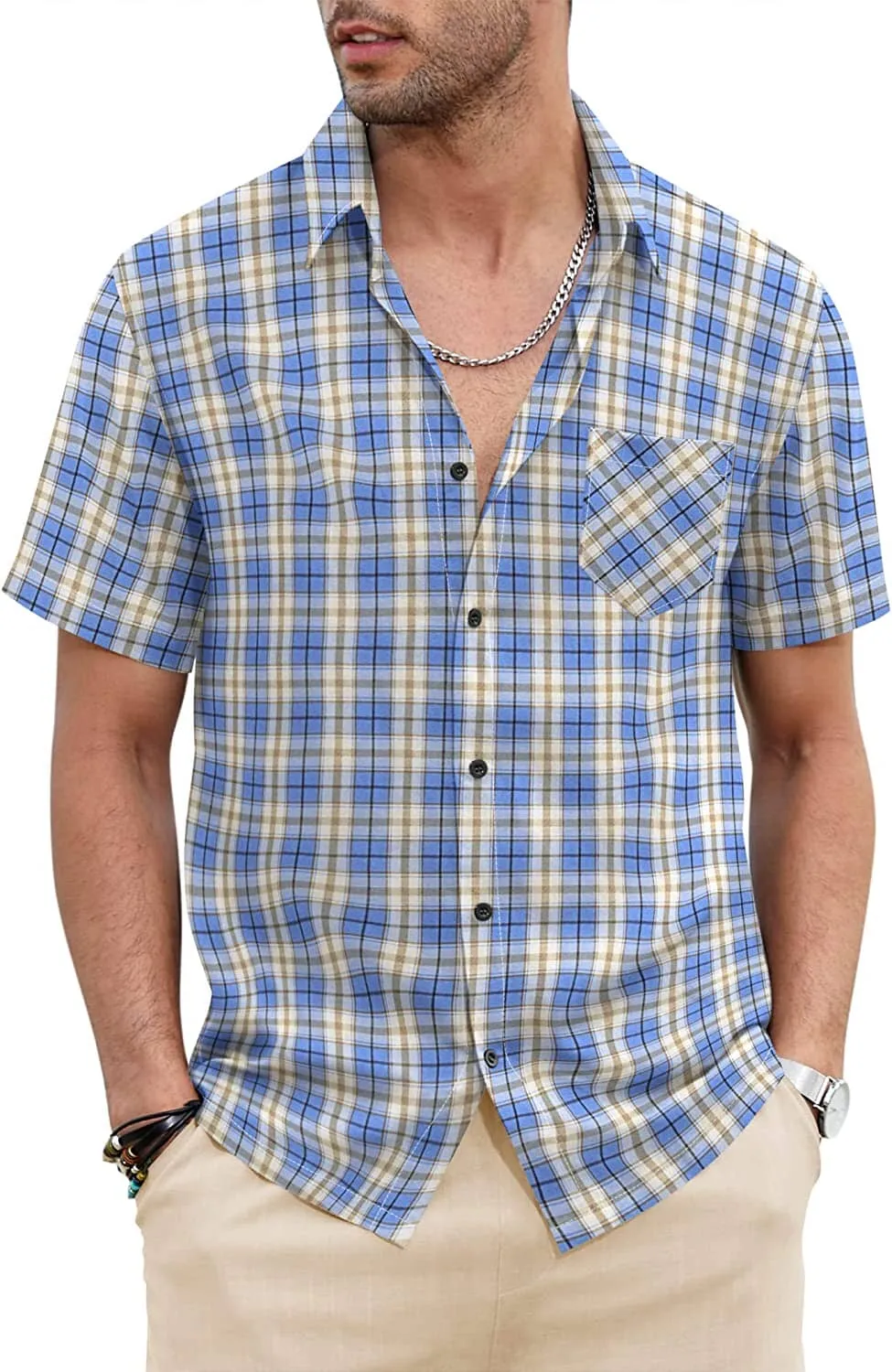 Classic Short Sleeve Plaid Cotton Shirts with Pocket (US Only)