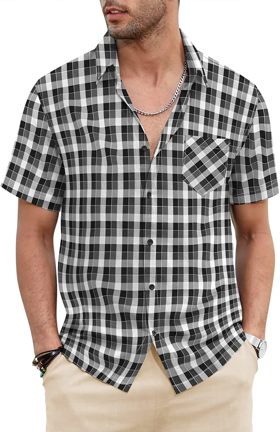 Classic Short Sleeve Plaid Cotton Shirts with Pocket (US Only)