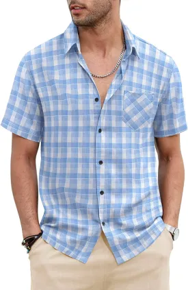 Classic Short Sleeve Plaid Cotton Shirts with Pocket (US Only)