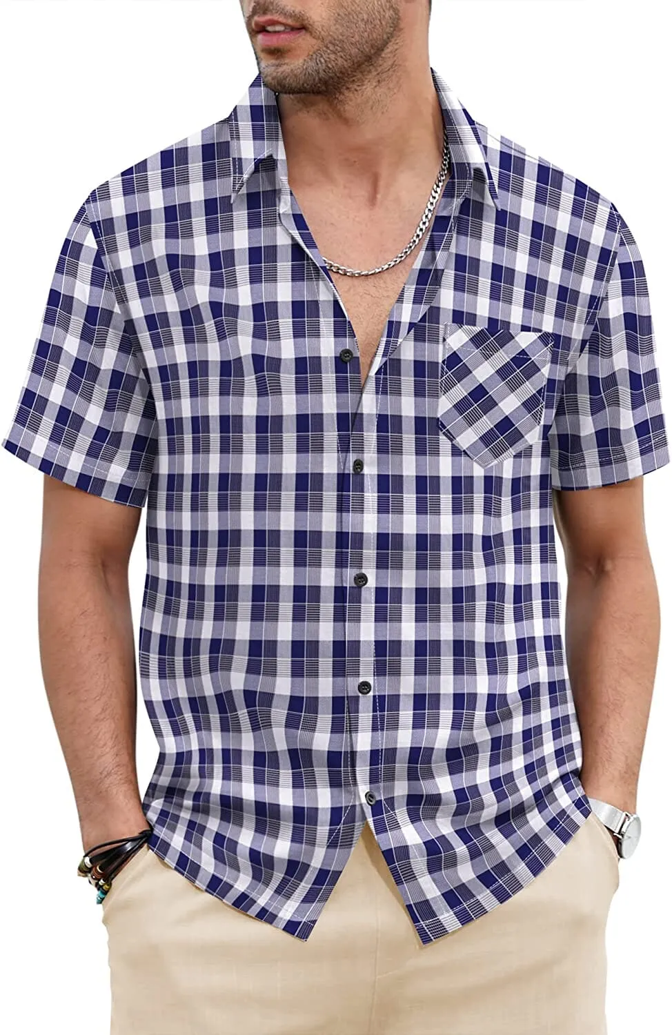 Classic Short Sleeve Plaid Cotton Shirts with Pocket (US Only)