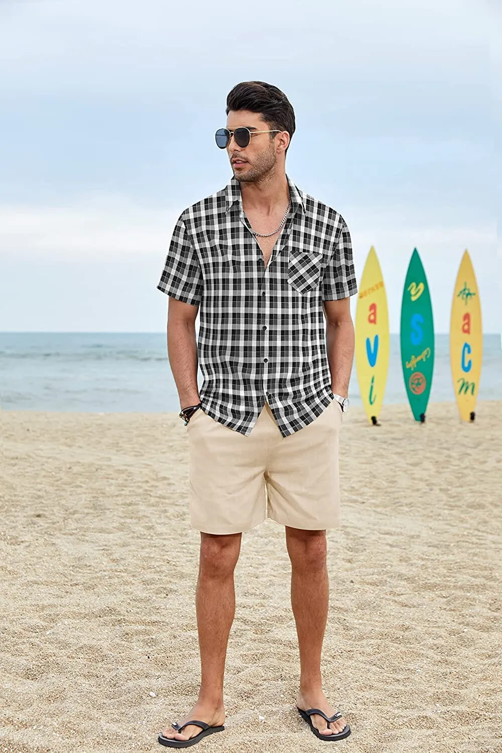 Classic Short Sleeve Plaid Cotton Shirts with Pocket (US Only)