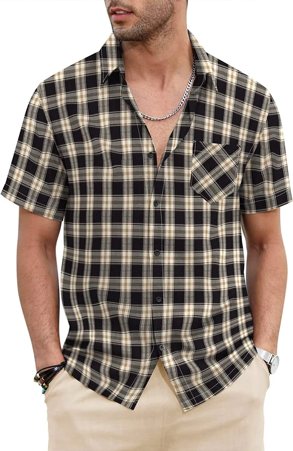 Classic Short Sleeve Plaid Cotton Shirts with Pocket (US Only)