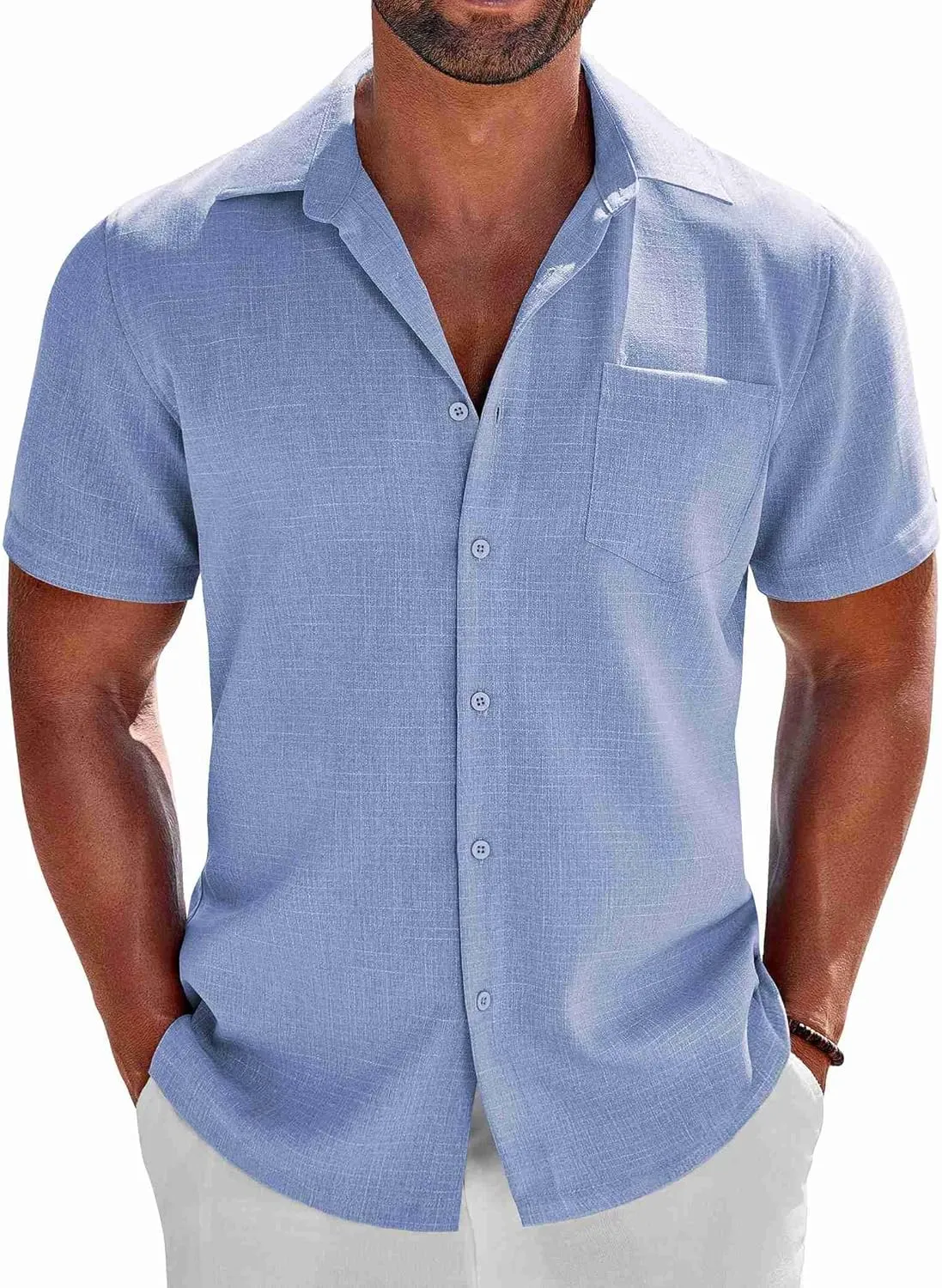 COOFANDY Men's Button Down Shirts Short Sleeve Casual Shirts Summer Beach Linen Shirts with Pocket