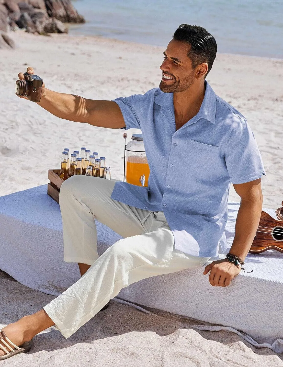 COOFANDY Men's Button Down Shirts Short Sleeve Casual Shirts Summer Beach Linen Shirts with Pocket