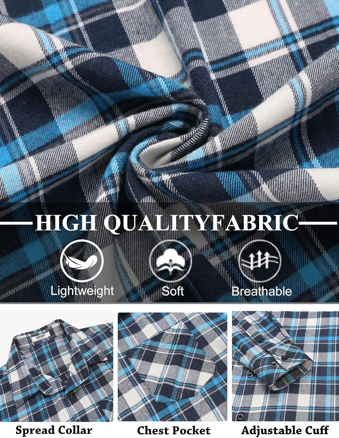 COOFANDY Men's Flannel Shirts Long Sleeve Button Down Plaid Shirt Lightweight Shirt Jacket