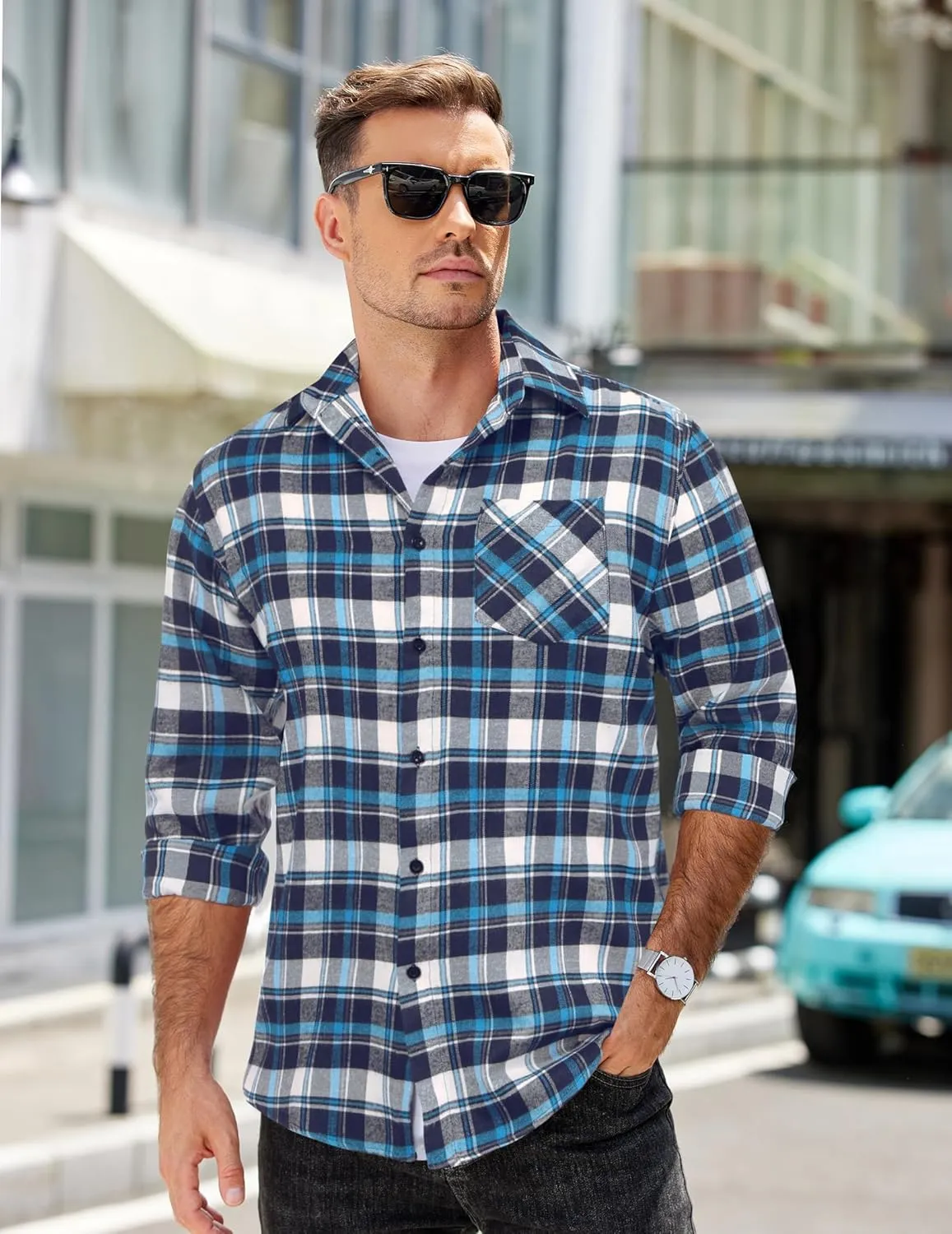 COOFANDY Men's Flannel Shirts Long Sleeve Button Down Plaid Shirt Lightweight Shirt Jacket