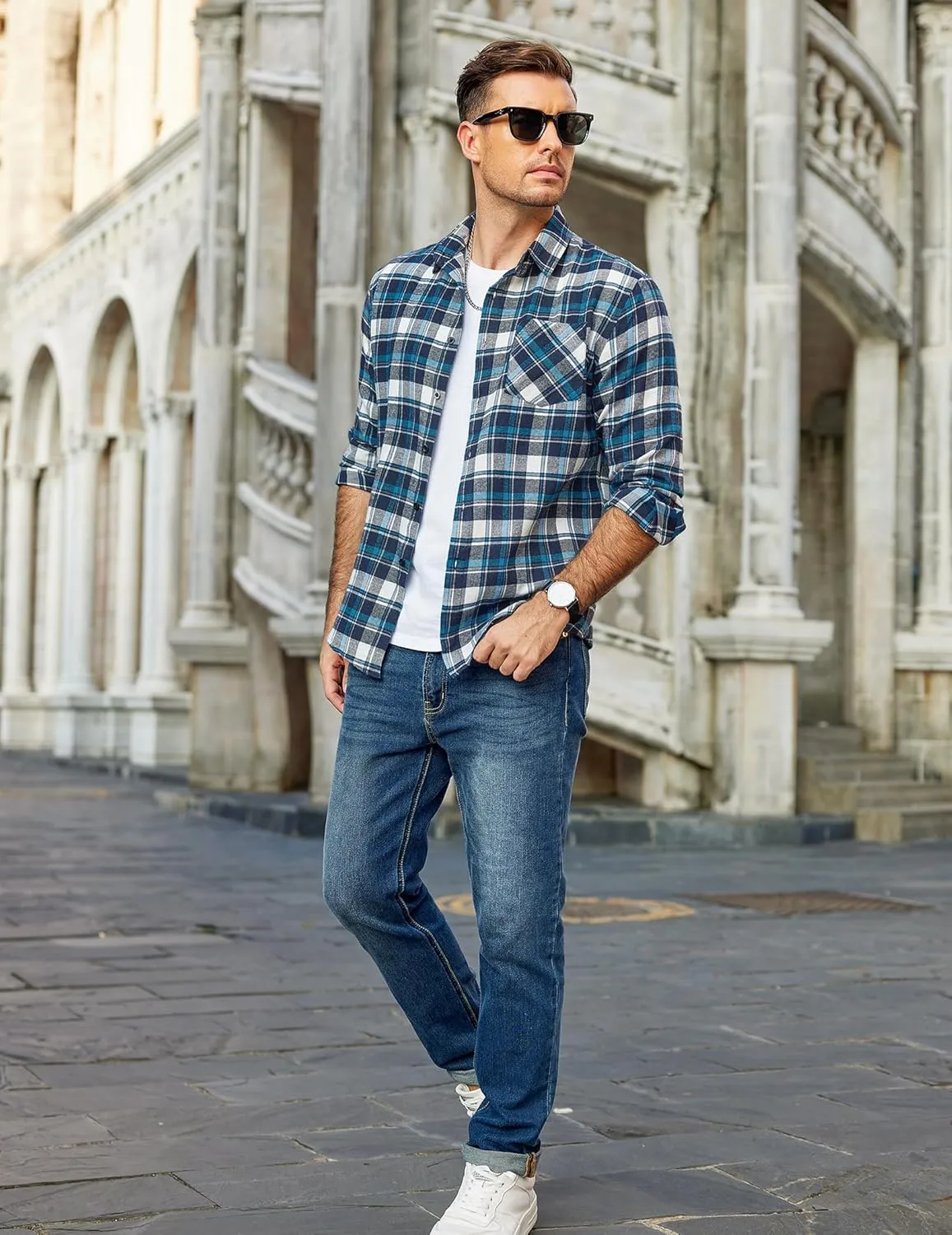 COOFANDY Men's Flannel Shirts Long Sleeve Button Down Plaid Shirt Lightweight Shirt Jacket