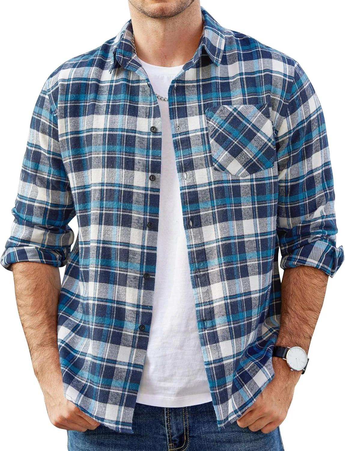 COOFANDY Men's Flannel Shirts Long Sleeve Button Down Plaid Shirt Lightweight Shirt Jacket