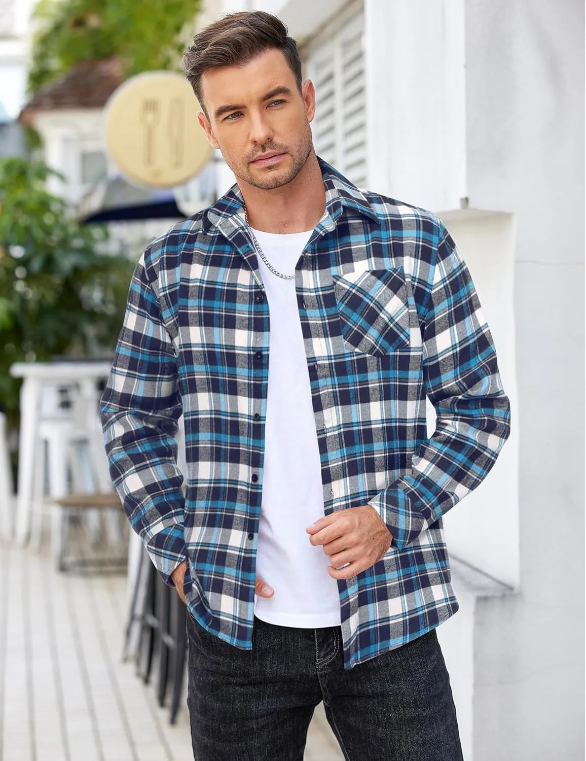 COOFANDY Men's Flannel Shirts Long Sleeve Button Down Plaid Shirt Lightweight Shirt Jacket