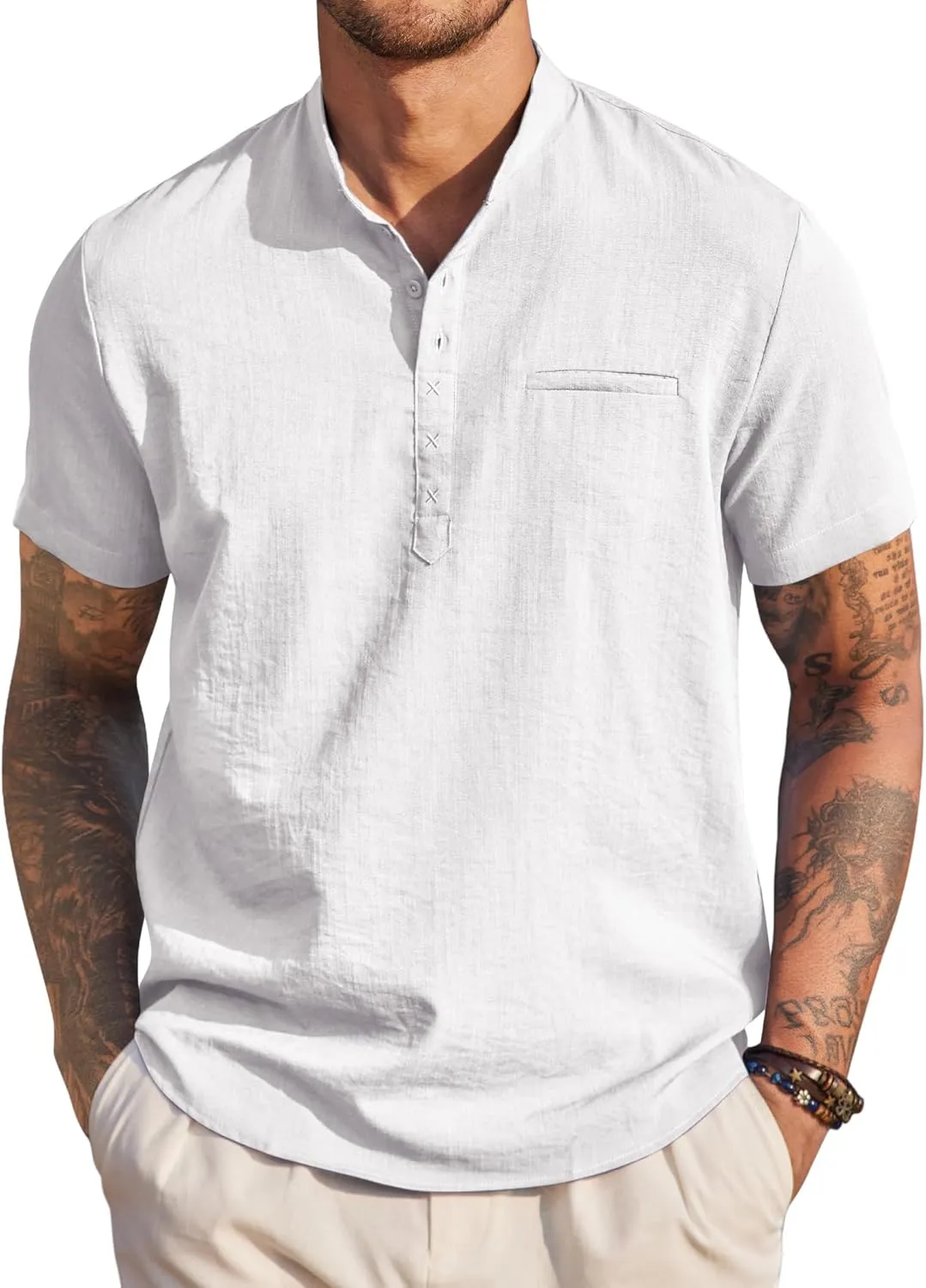 COOFANDY Men's Henley Shirts Band Collar Short Sleeve T-Shirts Casual Summer Beach Shirt Hippie Fashion Hawaiian Shirt