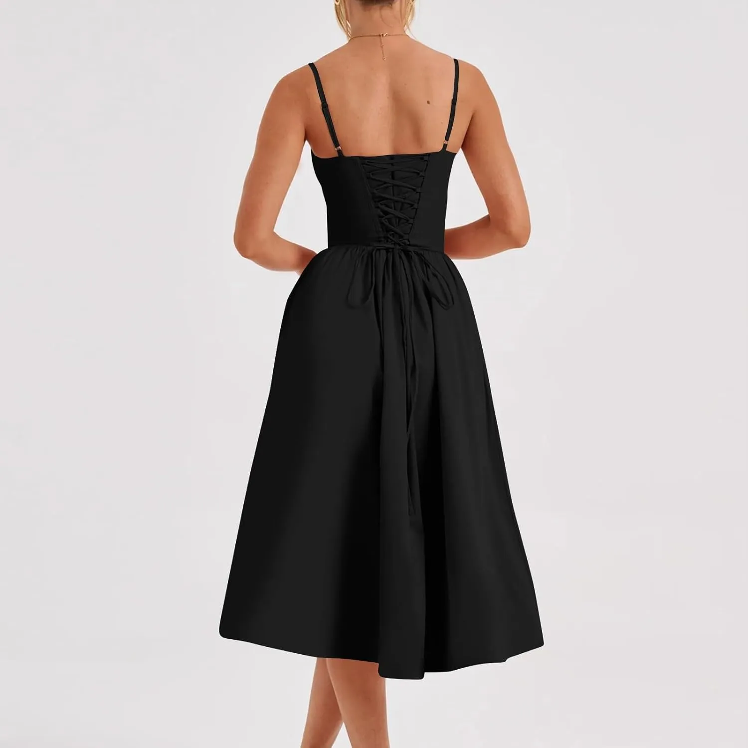 Corset Dress for Women Formal Spaghetti Strap Bustier Midi Dresses Flowy Pleated Hem A-Line Sundress with Pockets