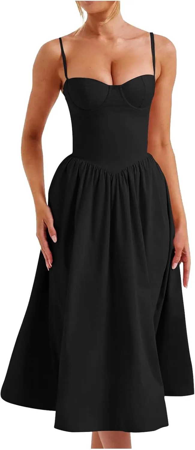Corset Dress for Women Formal Spaghetti Strap Bustier Midi Dresses Flowy Pleated Hem A-Line Sundress with Pockets