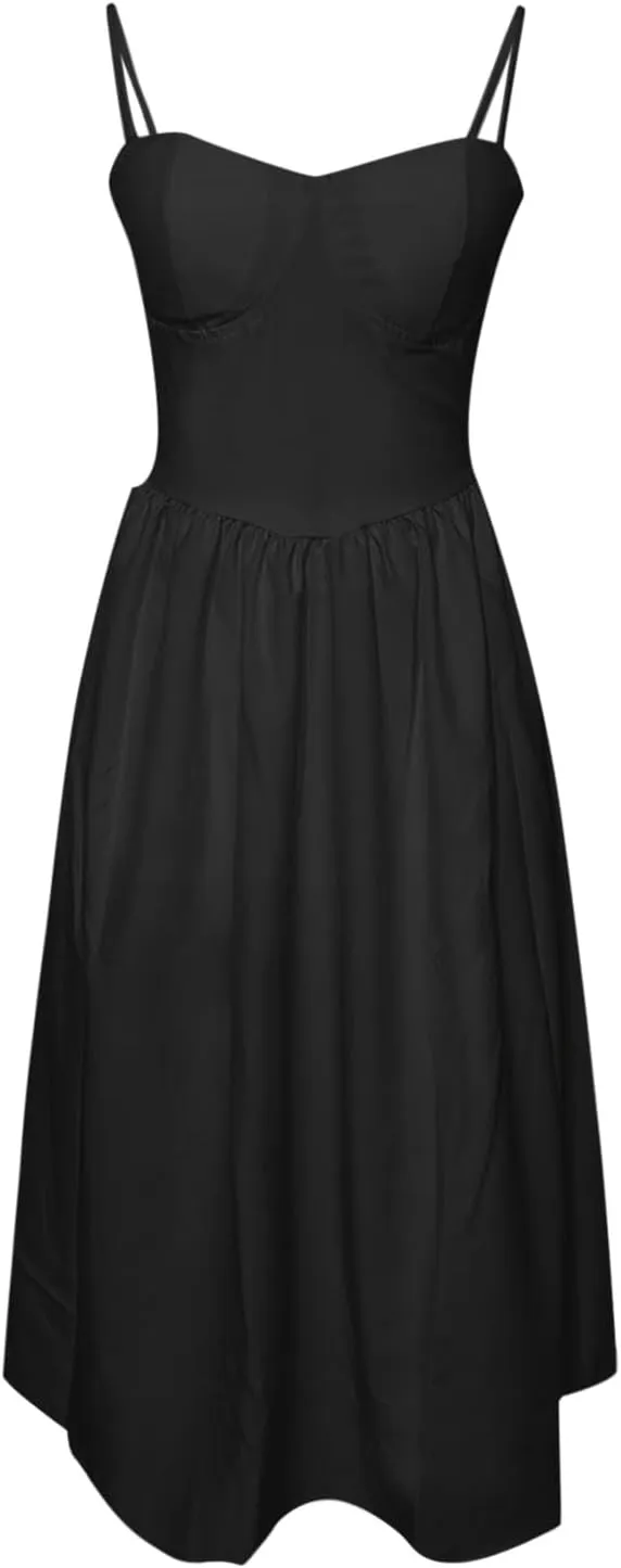 Corset Dress for Women Formal Spaghetti Strap Bustier Midi Dresses Flowy Pleated Hem A-Line Sundress with Pockets