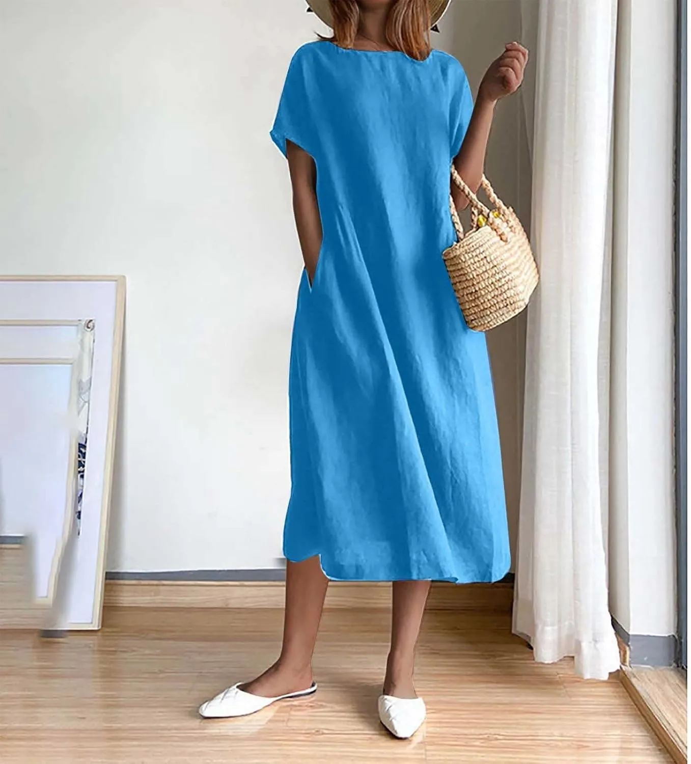 Cotton Linen Midi Dress for Women 2024 Summer Dresses Short Sleeve Causal Loose Tshirt Dress Trendy Elegant Beach Dress
