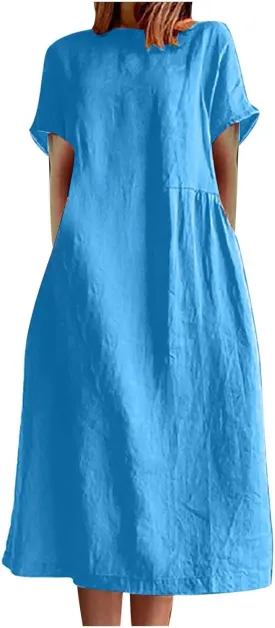 Cotton Linen Midi Dress for Women 2024 Summer Dresses Short Sleeve Causal Loose Tshirt Dress Trendy Elegant Beach Dress